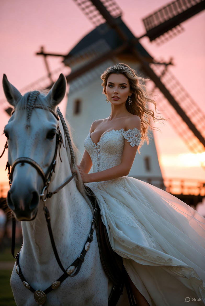 超逼真风格女性骑马肖像:白色礼服与风车夕阳场景