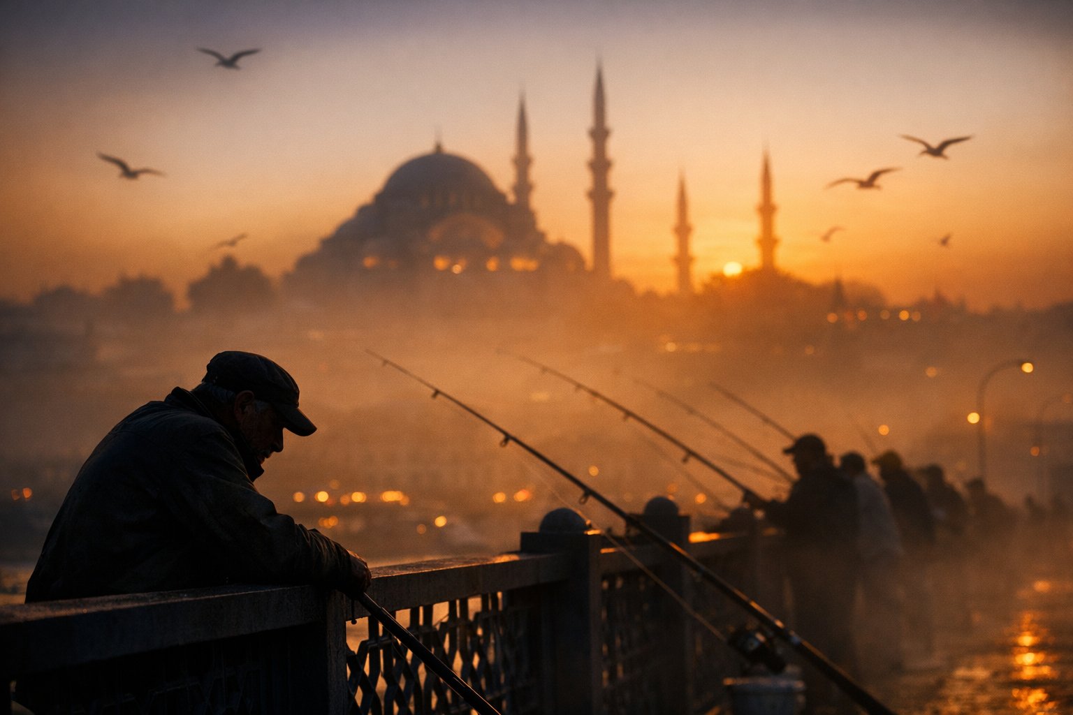 A cinematic silhouette shot of local fishermen lining the Gal...