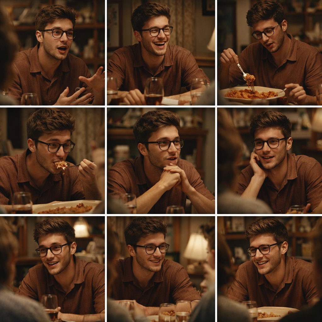 A 3x3 grid storyboard contact sheet comprised of nine candid,...