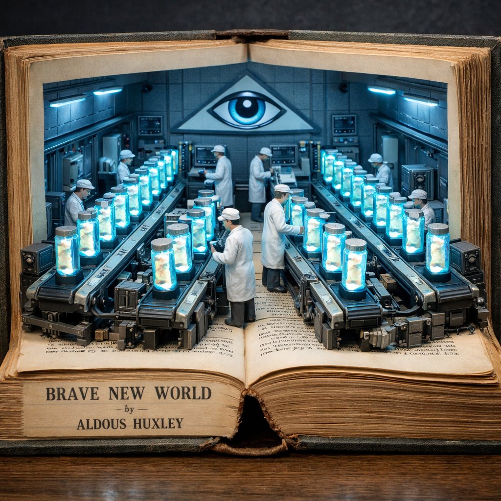Surreal diorama emerging from an open vintage book of "Brave...
