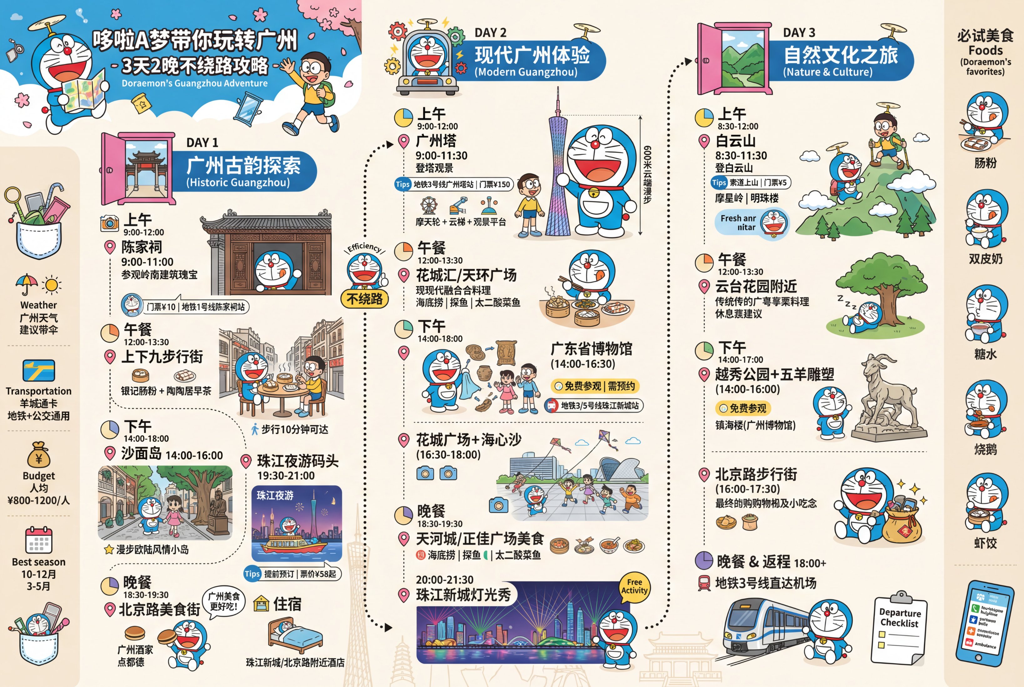哆啦A梦主题广州三日两晚不绕路攻略图含行程时间表与景点安排