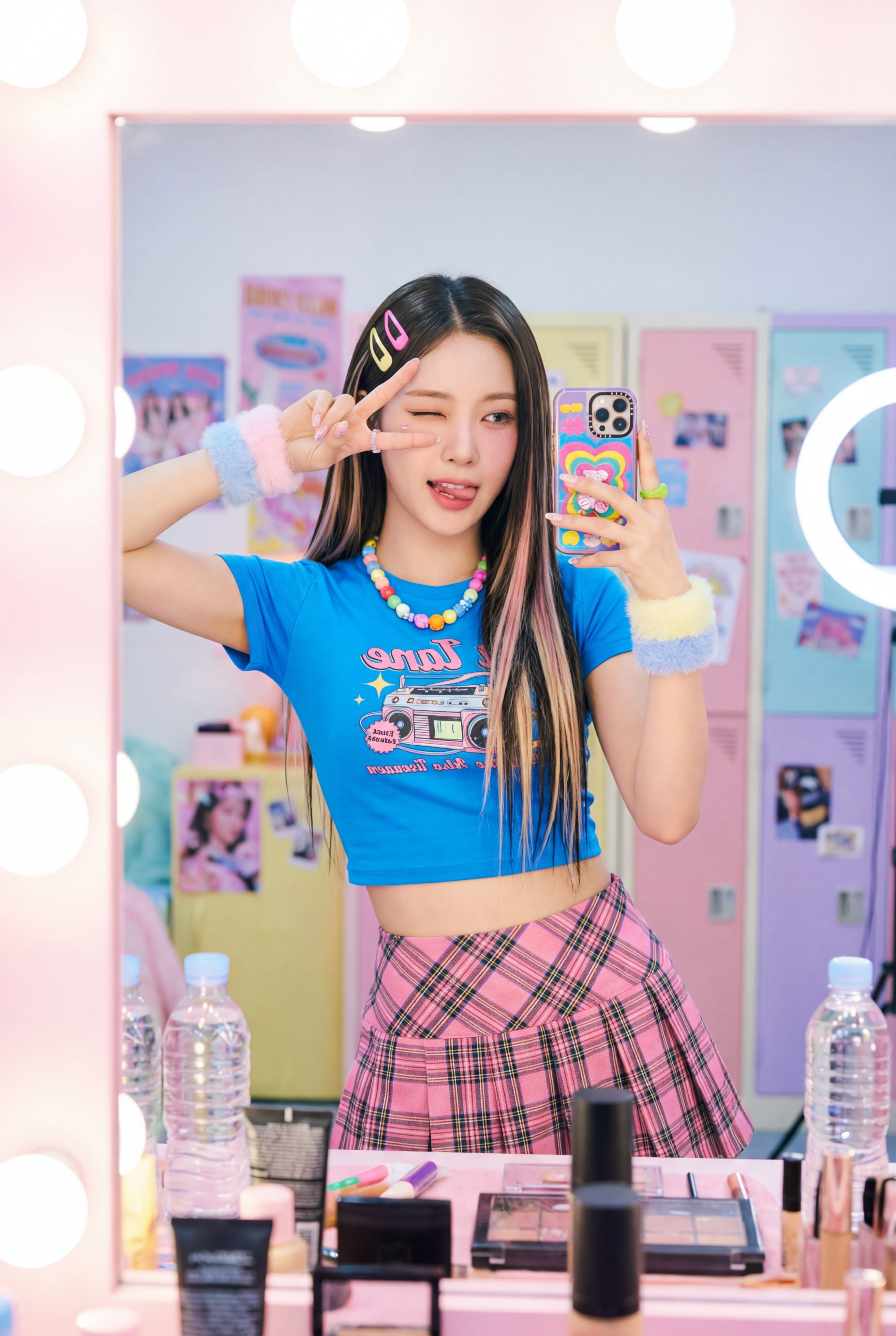 8K镜像自拍:K-Pop偶像风格的高饱和活力后台场景