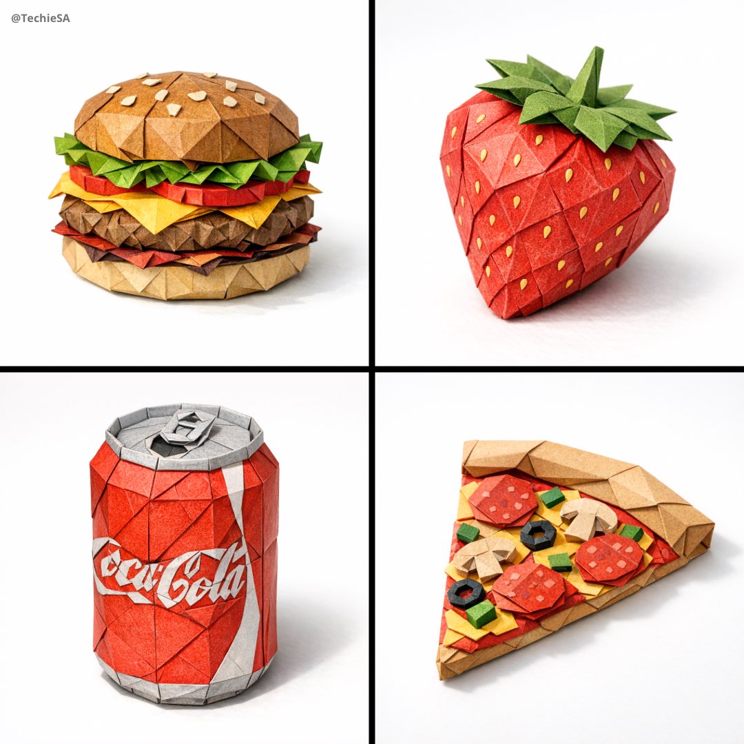 A hyper detailed origami [FOOD ITEM] folded from realistic co...