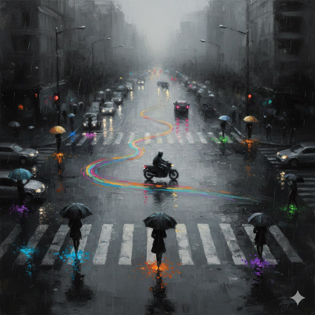 A high angle, wide composition Impressionist oil painting of...