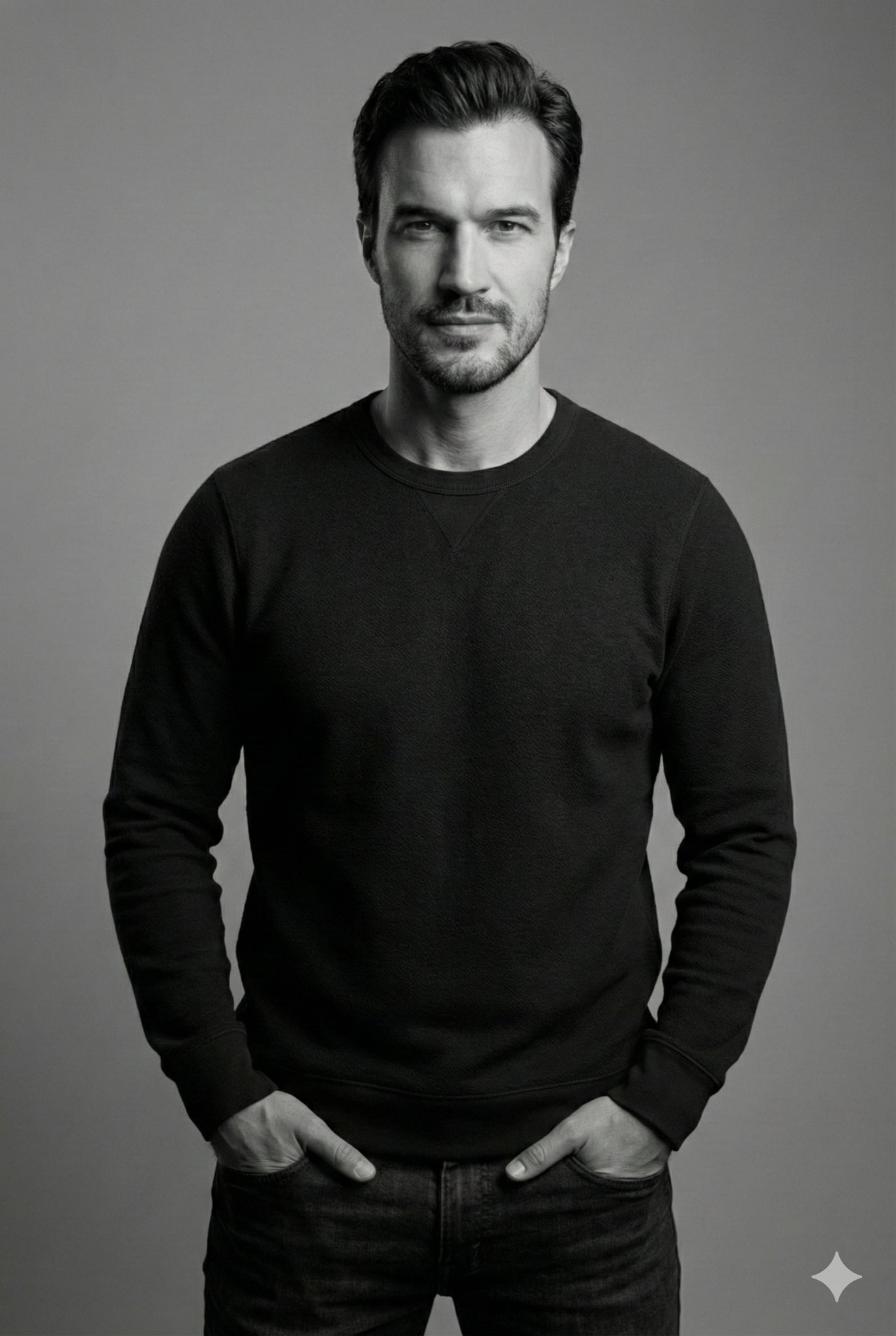 "style": "monochrome studio portrait",