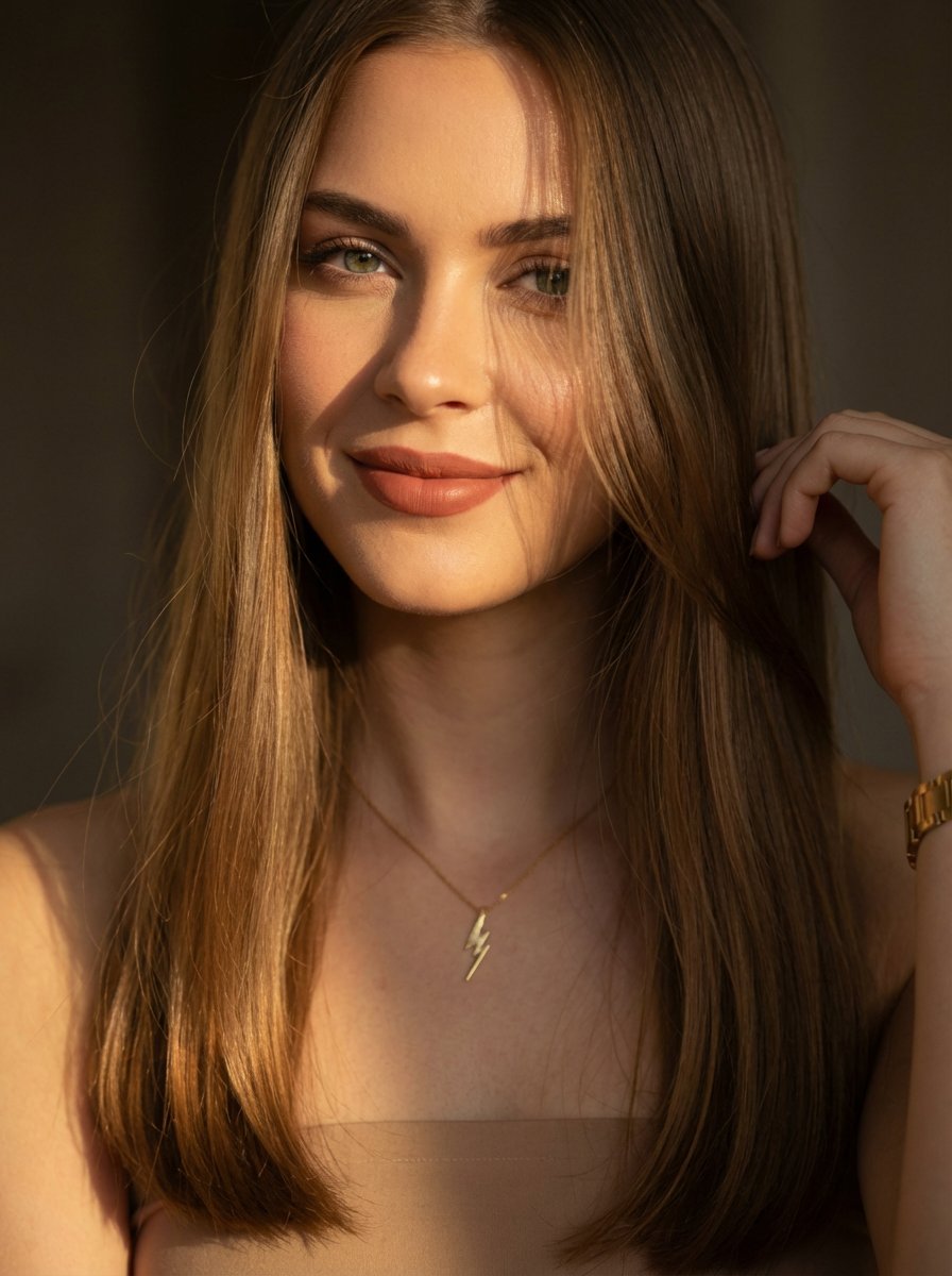A cinematic close up portrait of a young woman with long stra...