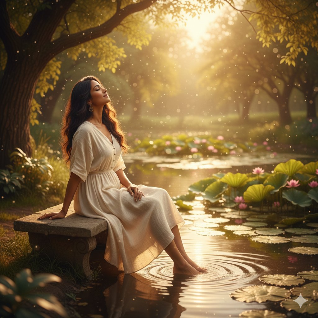 unfolds beside a tranquil pond, where gentle ripples catch th...