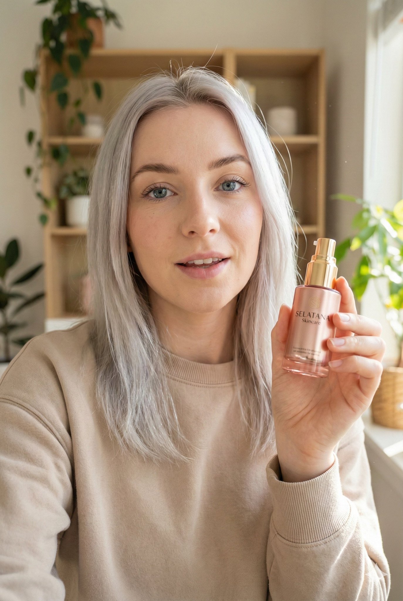 Young woman with fair skin, light silver blonde shoulder leng...