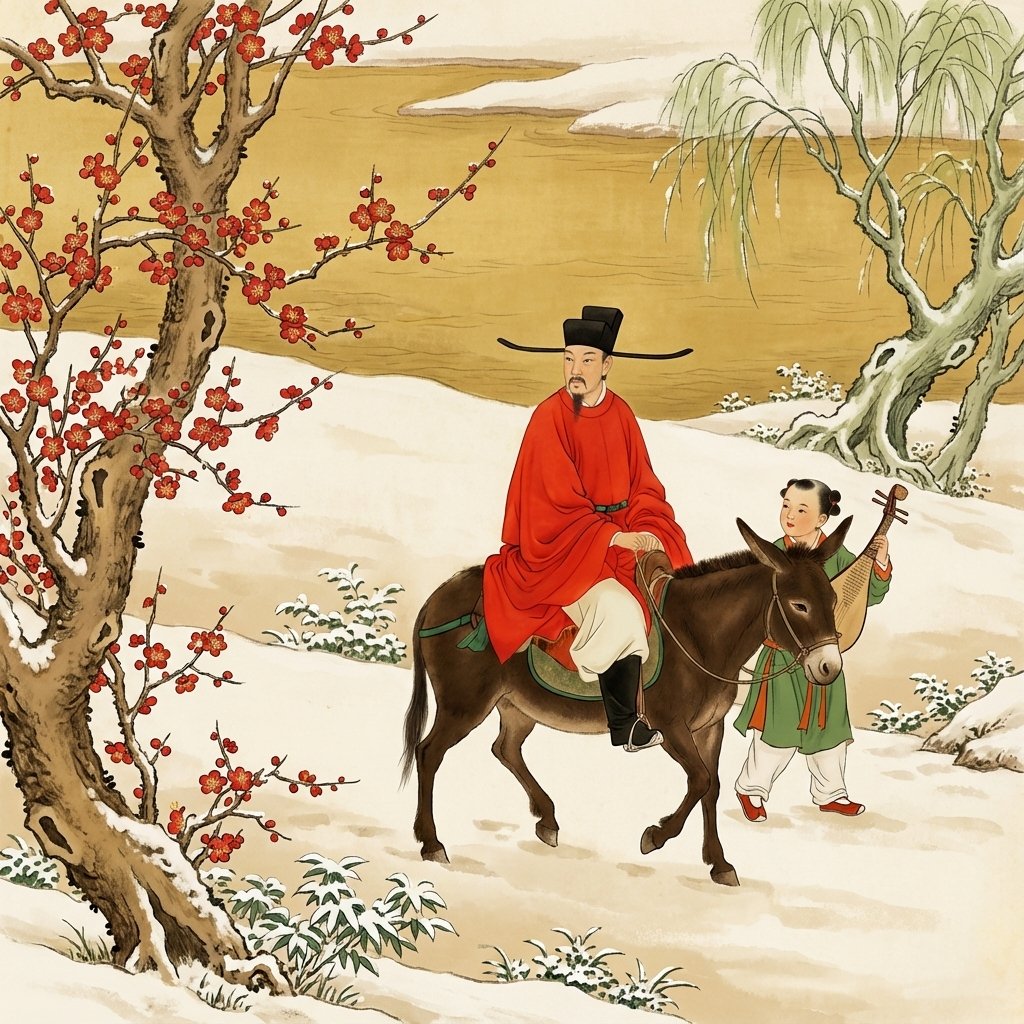 踏雪寻梅 Nano banana pro prompt:1. 基本风格 (Art Style)• 绘画流派:没骨画风格 (Mogu Style)• 表现手法:中国传统水墨与重彩晕染,强调以