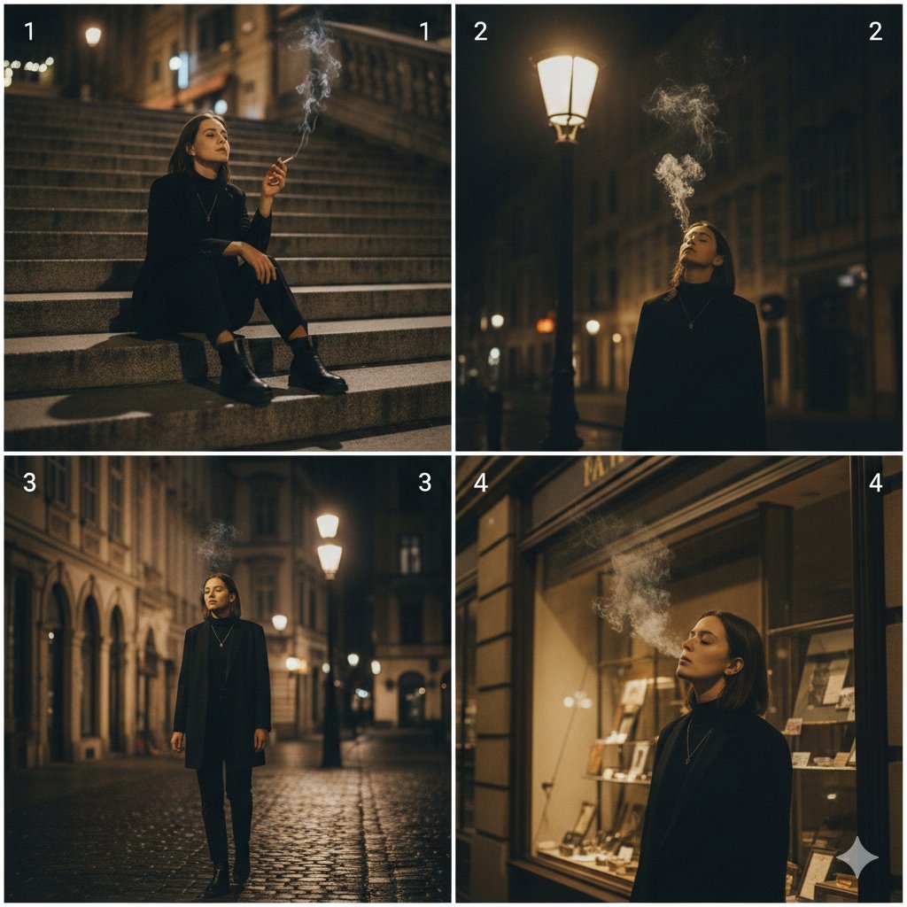 A cinematic 4 panel photo collage showing a quiet, introspect...