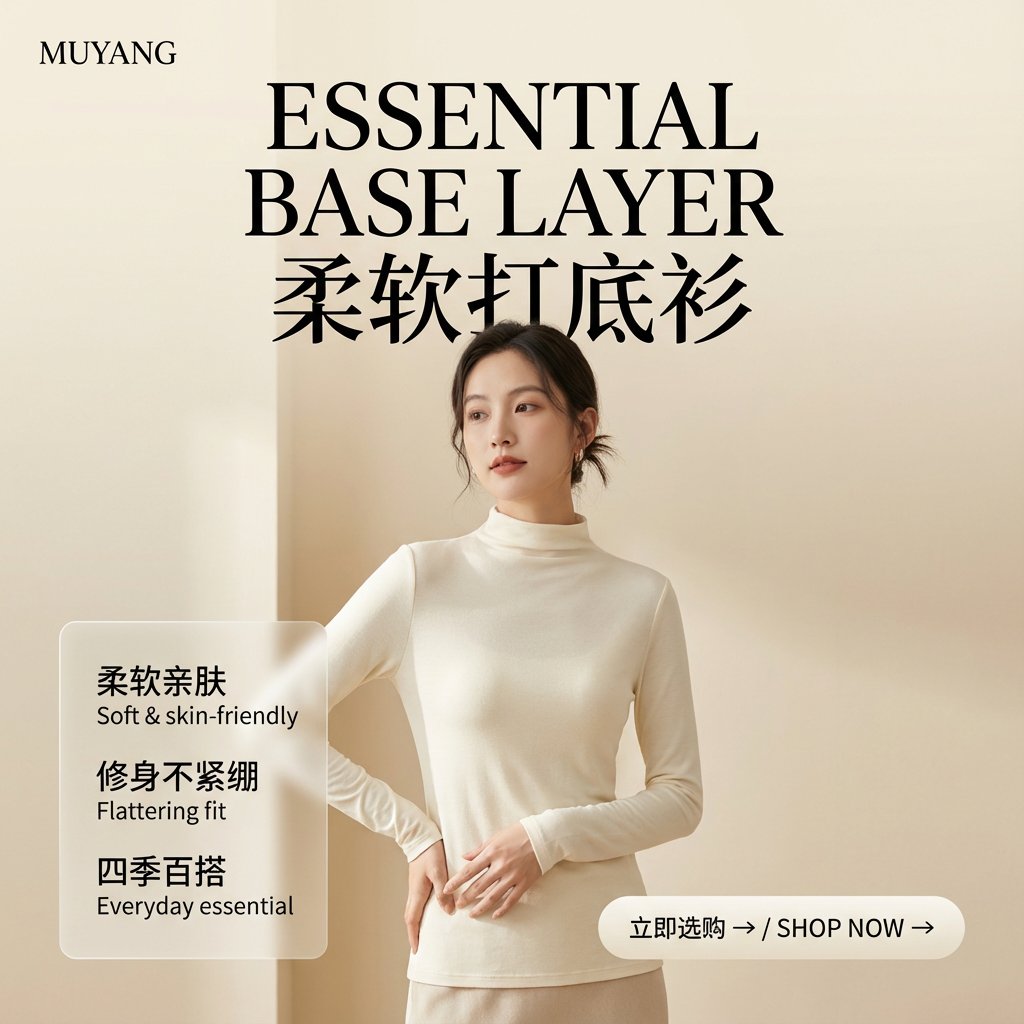 9:16竖版高端极简时尚产品海报。柔和摄影棚自然日光,温暖米白渐变背景(奶油色、燕麦色),画面极致干净。精致亚洲女性模特(...