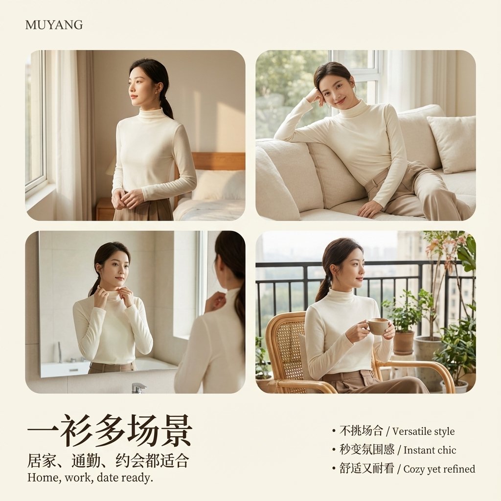 9:16竖版高端极简时尚产品海报。柔和摄影棚自然日光,温暖米白渐变背景(奶油色、燕麦色),画面极致干净。精致亚洲女性模特(...