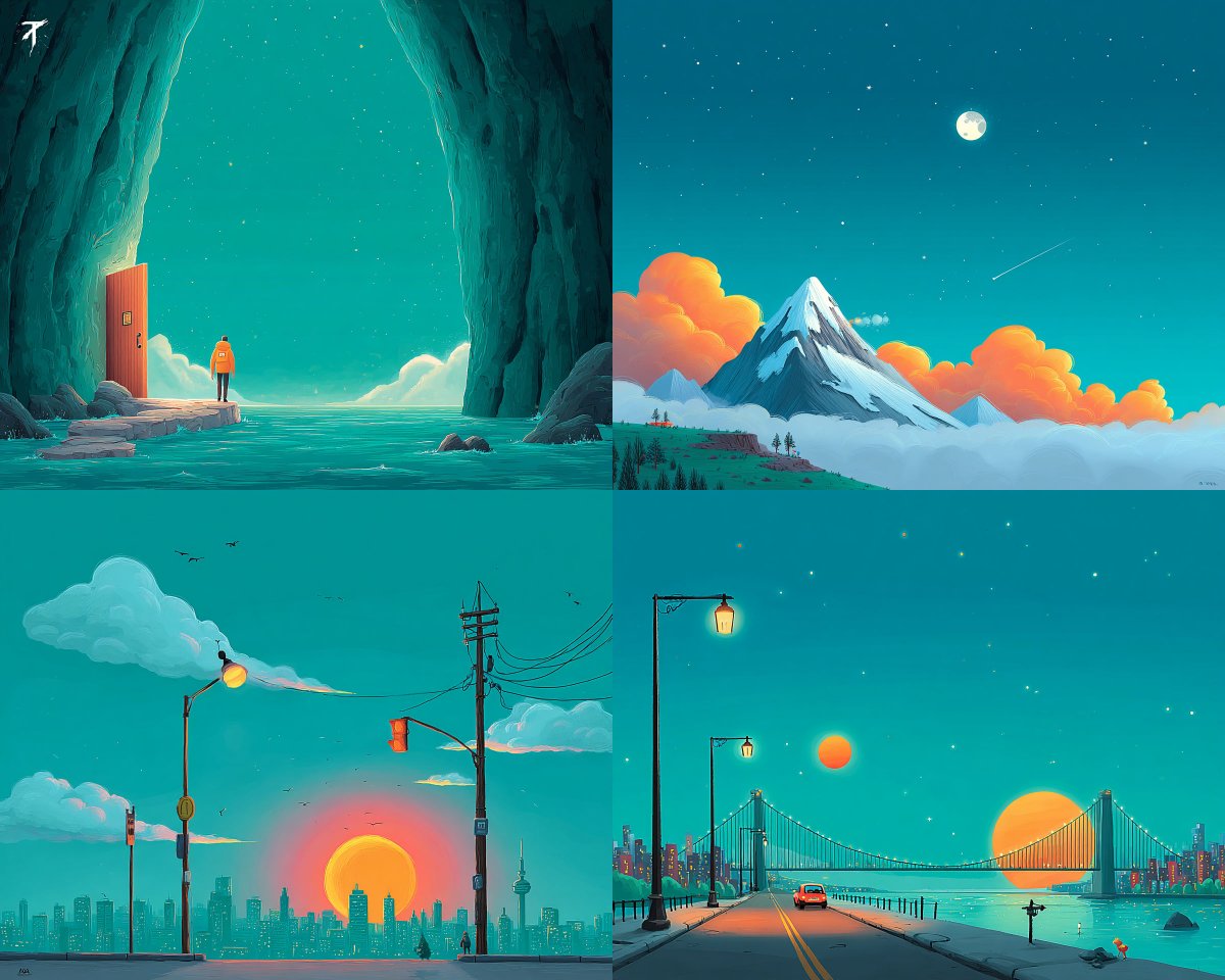 This SREF creates dreamy teal scenes with glowing skies, soft...