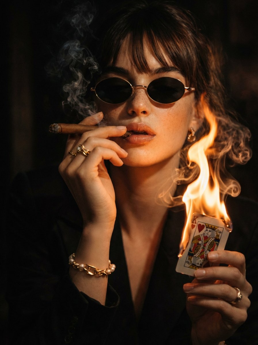 A cinematic, moody portrait of a stylish women in dark suit a...