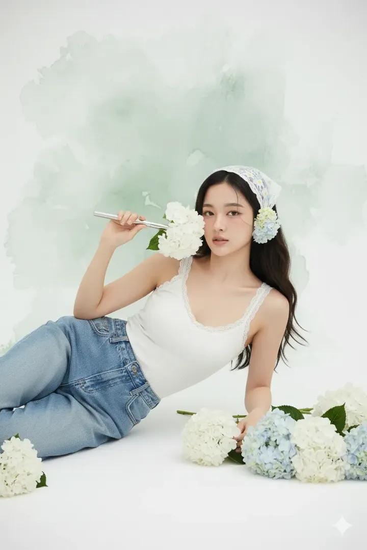 A high resolution studio portrait of a young East Asian woman...