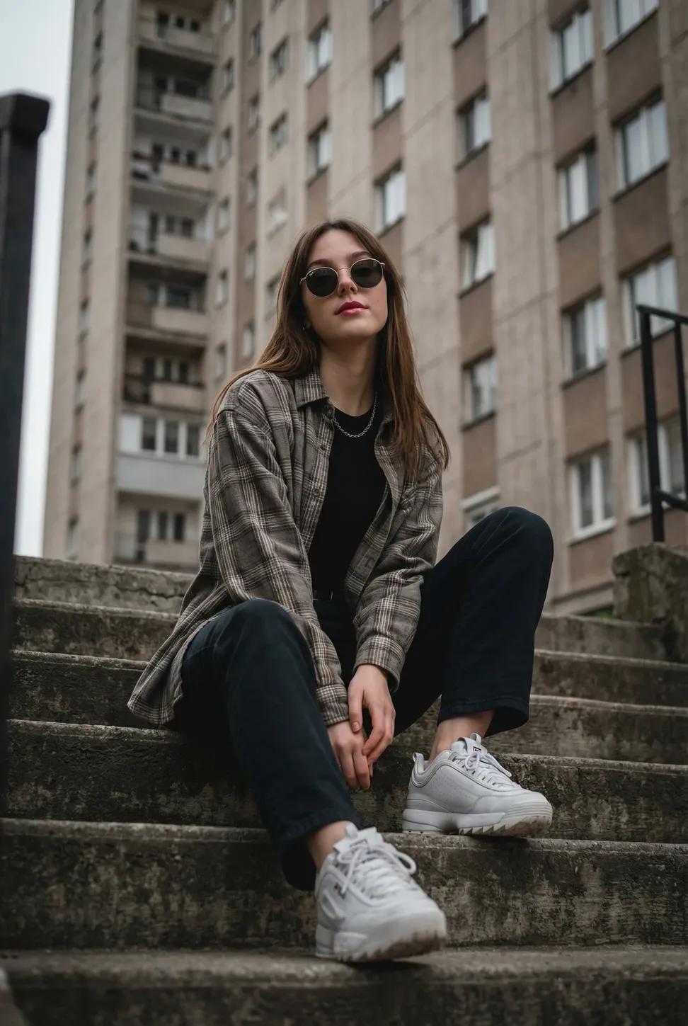 "subject": "Young woman sitting casually on outdoor concrete...