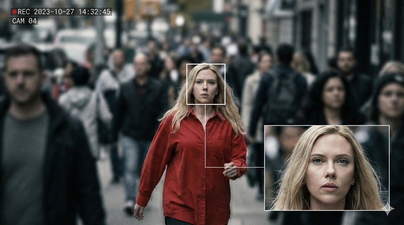 城市监控画面中的名人肖像识别标记与放大焦点效果