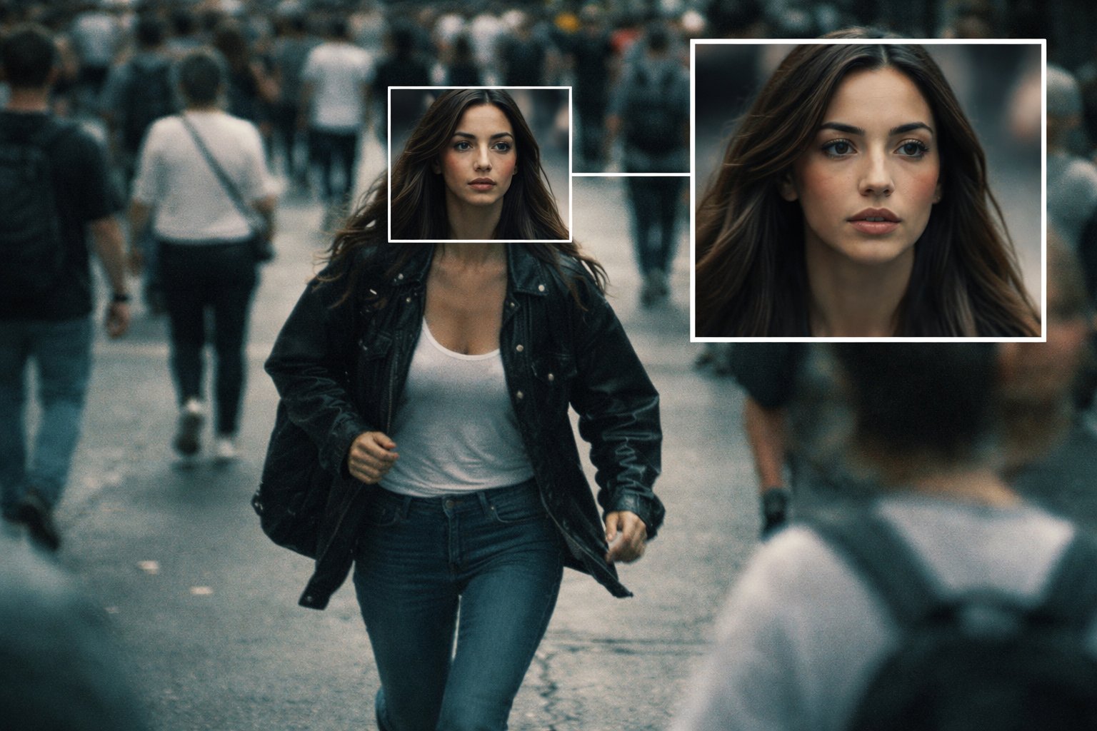 城市监控画面中的名人肖像识别标记与放大焦点效果