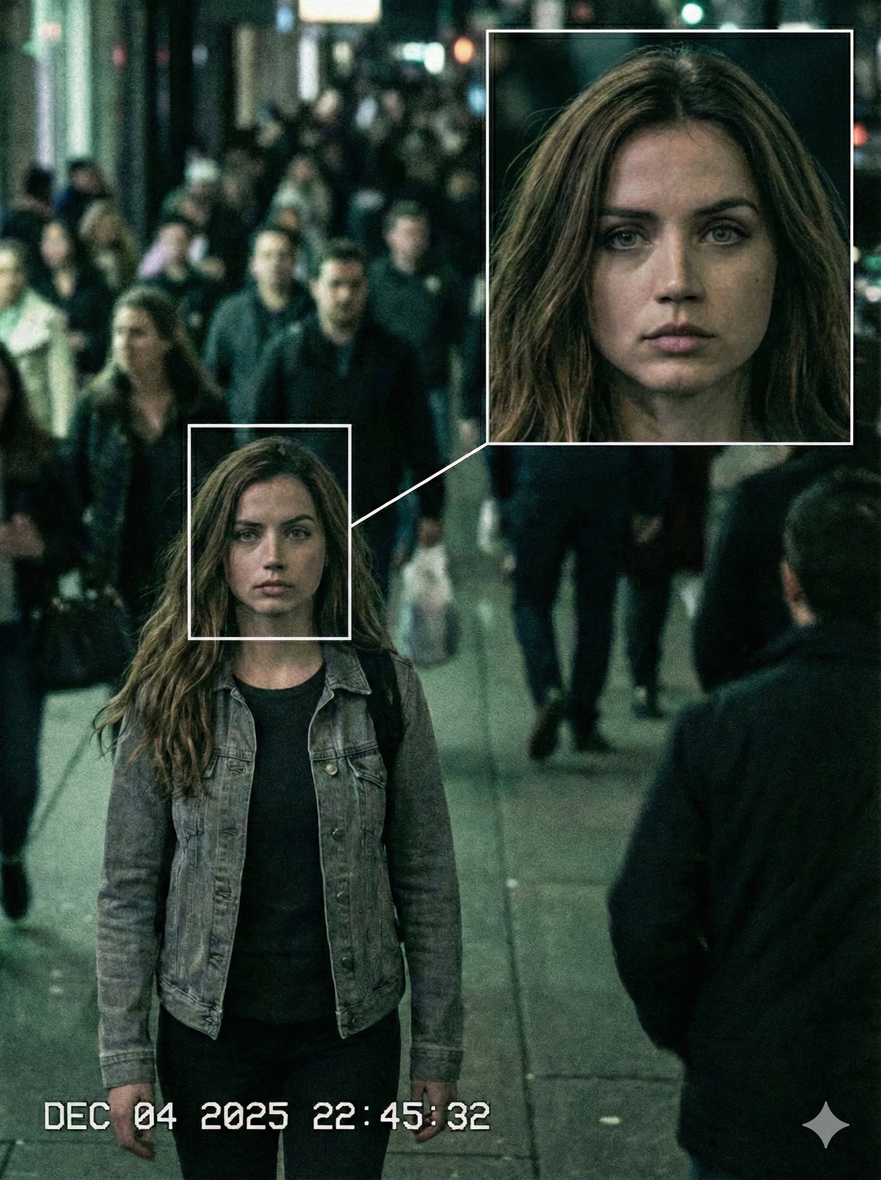 城市监控画面中的名人肖像识别标记与放大焦点效果