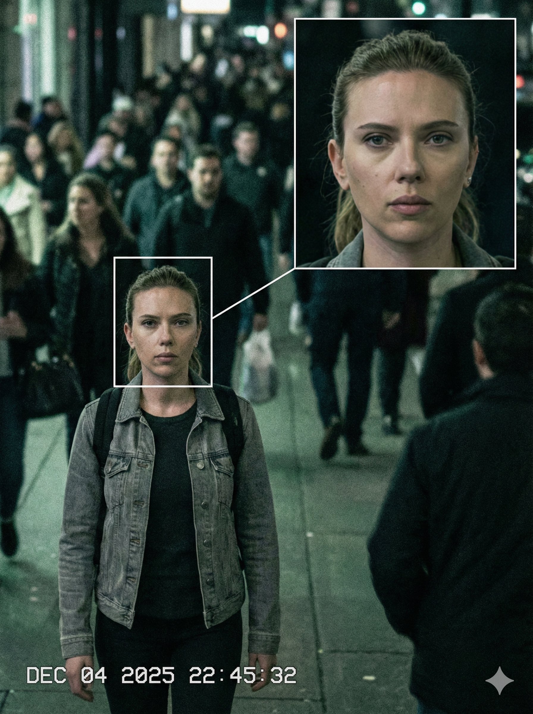 城市监控画面中的名人肖像识别标记与放大焦点效果