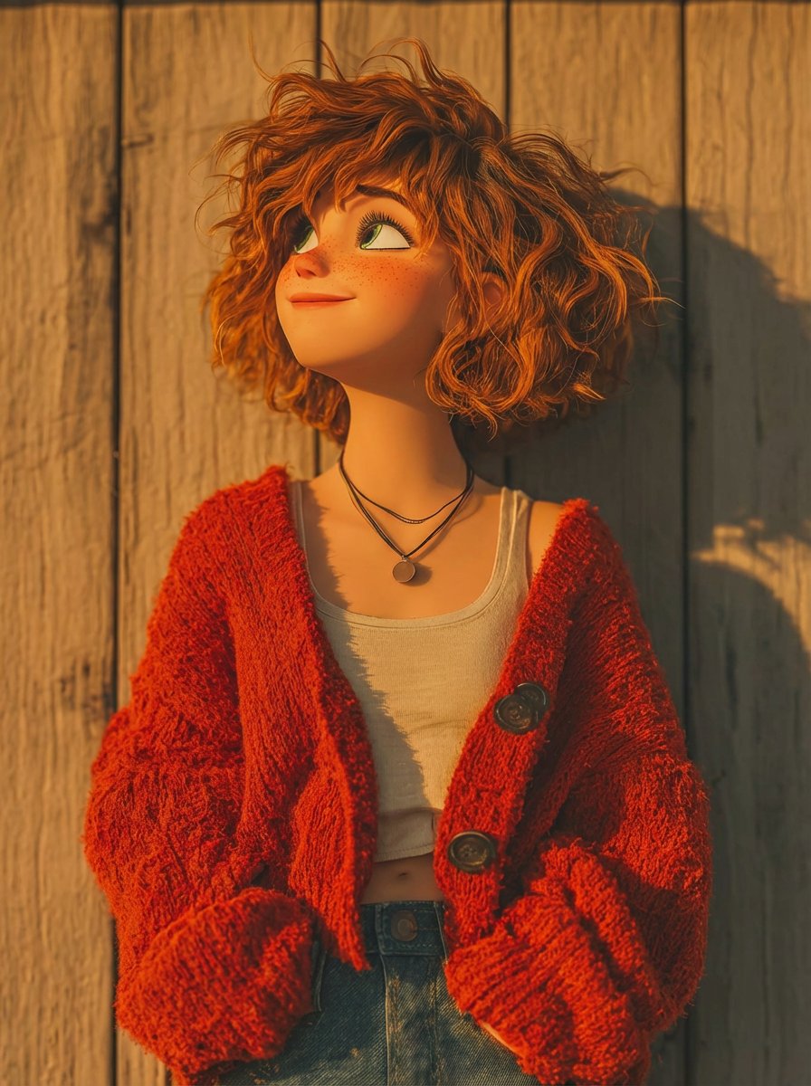 1. A stylized 3D animated girl with short messy curly ginger...