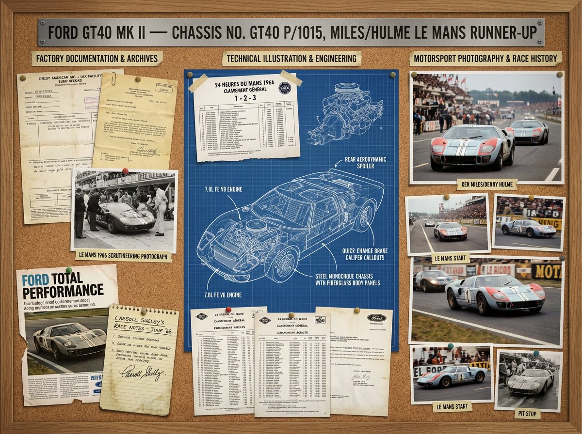 A marque historian's documentation board for [VEHICLE] — [MOD...