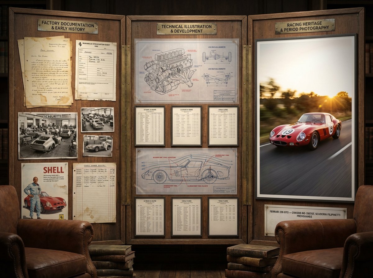 A marque historian's documentation board for [VEHICLE] — [MOD...