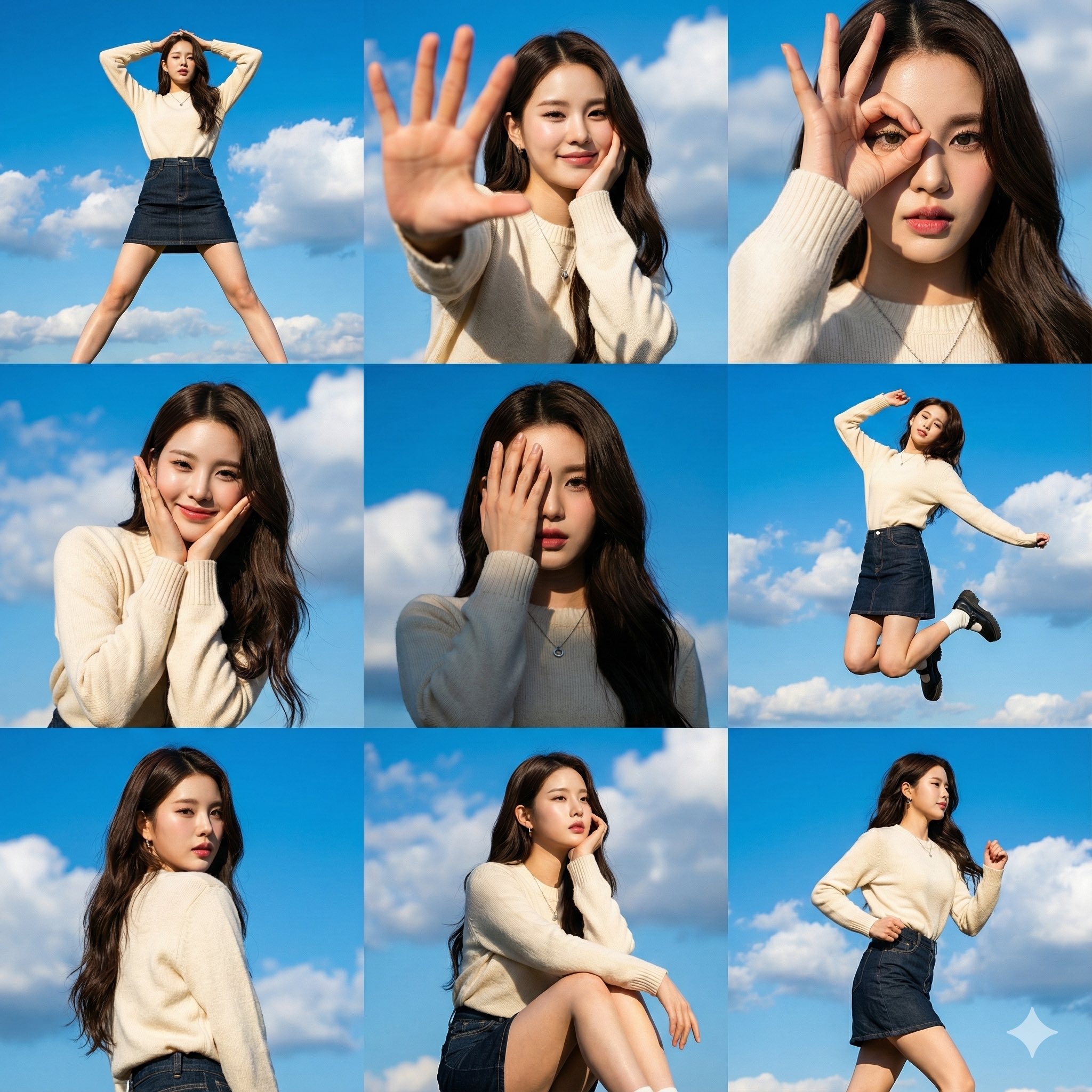 一张高分辨率的3x3网格照片拼贴,包含九个不同的动态姿势,以上传的女性面部照片为参考,背景是充满活力的蔚蓝天空,点缀着朵朵...