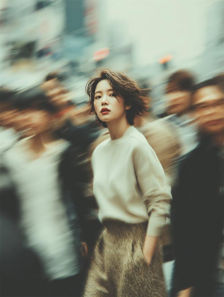 A cinematic street portrait of a young woman standing still i...