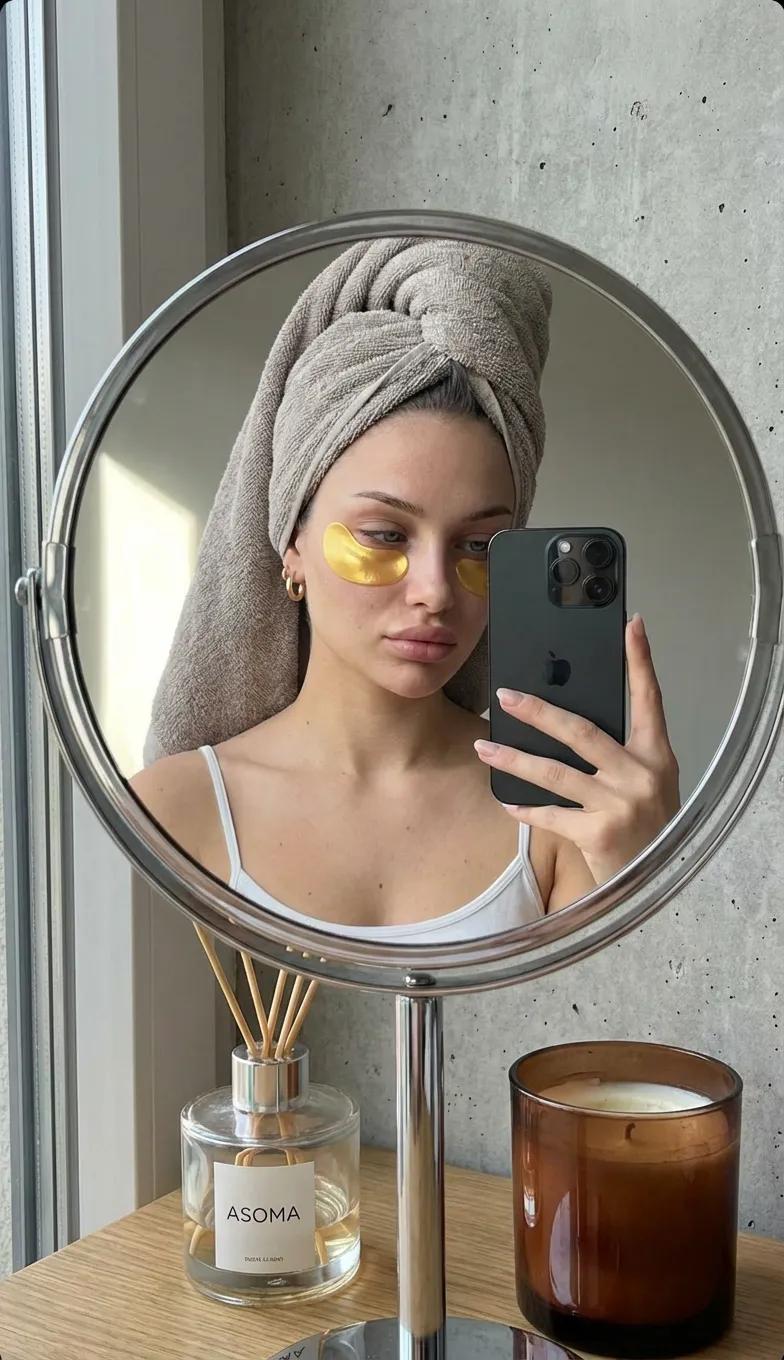 A highly realistic mirror selfie of a young woman taken throu...