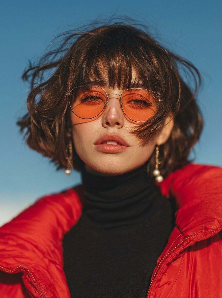 A cinematic fashion portrait of a young woman with a short wa...