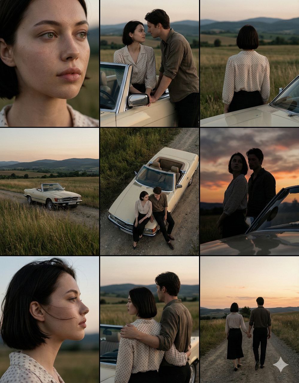 A cinematic 3×3 grid of film still frames featuring the same...