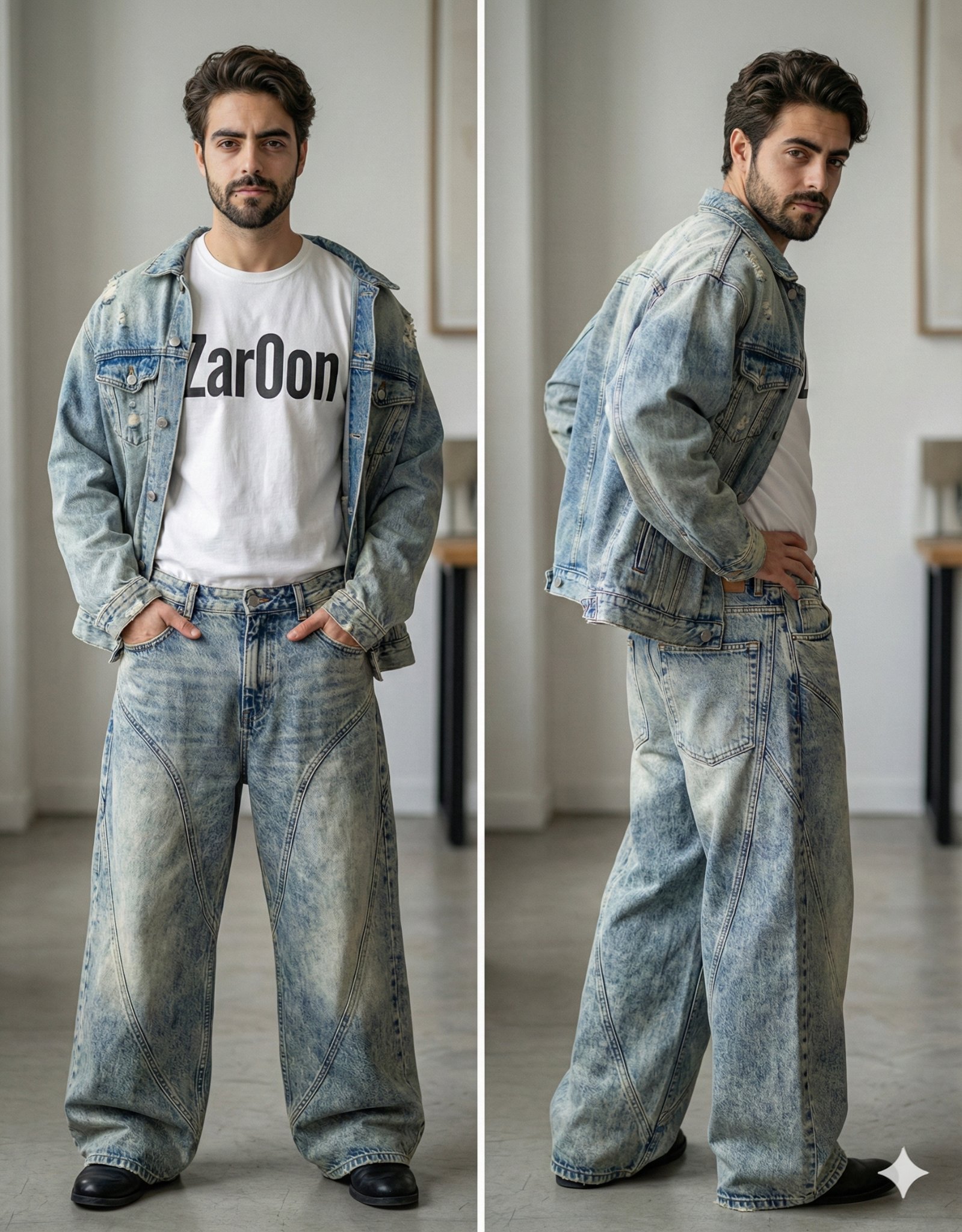 Beard. Makeup is minimal and natural, emphasizing clear skin...