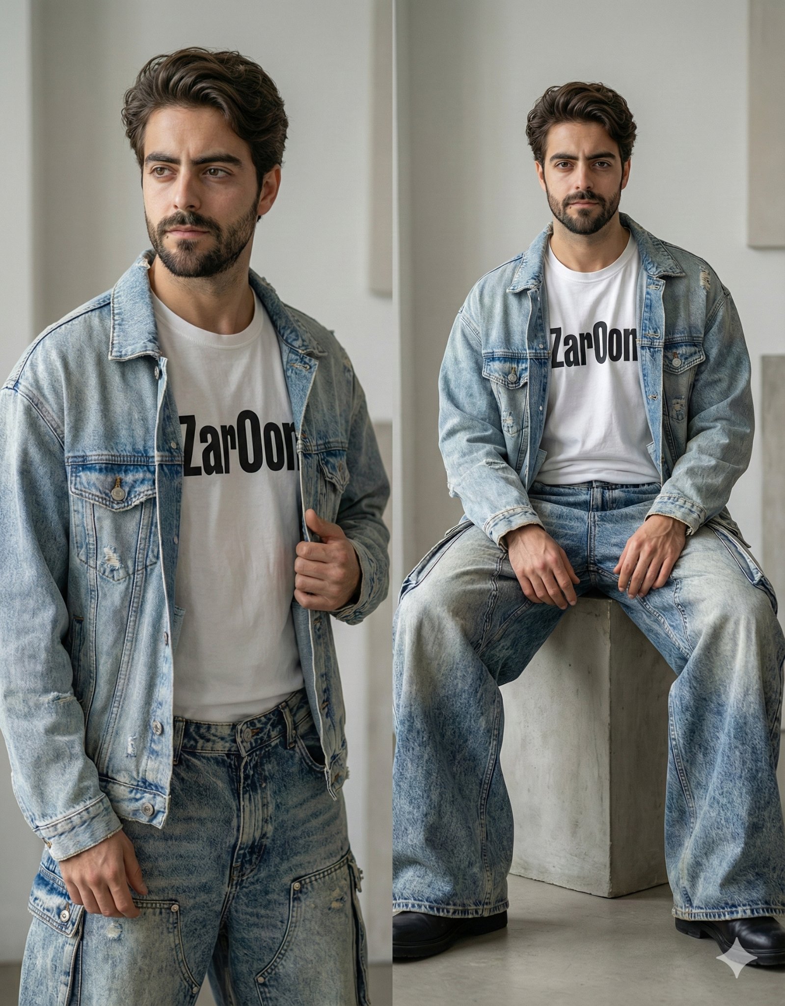 Beard. Makeup is minimal and natural, emphasizing clear skin...