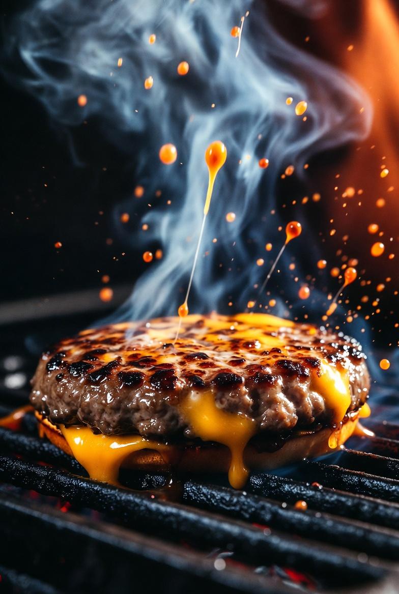 A hyper realistic, cinematic close up of a sizzling gourmet c...
