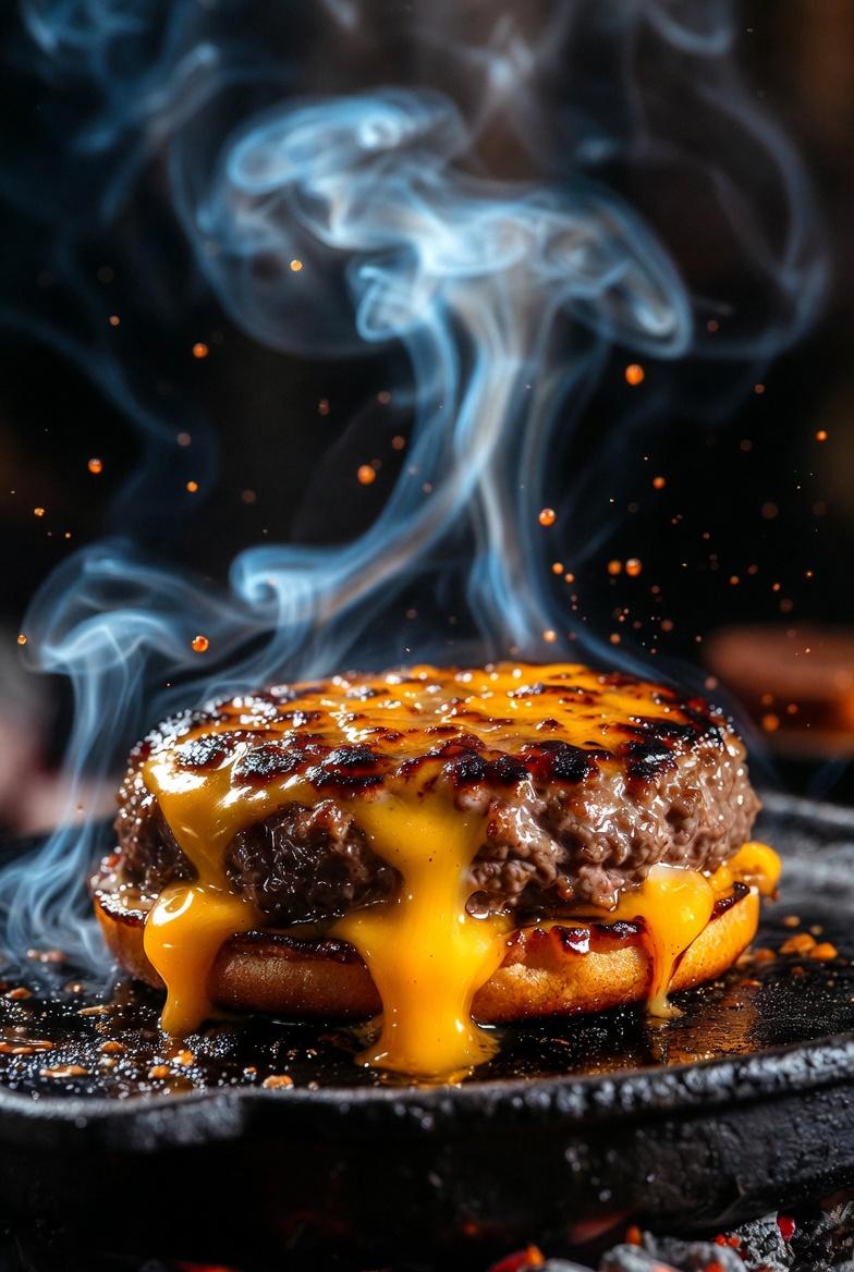 A hyper realistic, cinematic close up of a sizzling gourmet c...