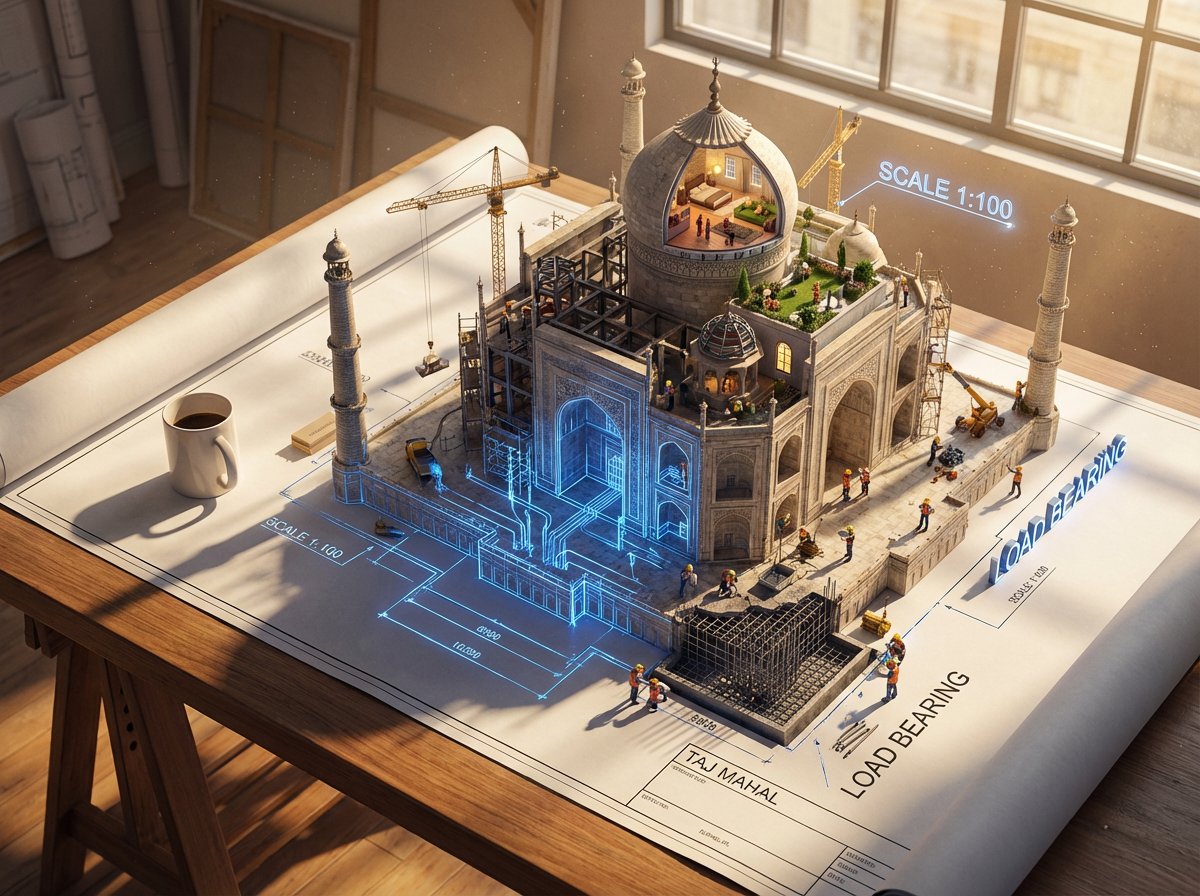 Epic 3D scene: a massive architectural blueprint of [BUILDING...