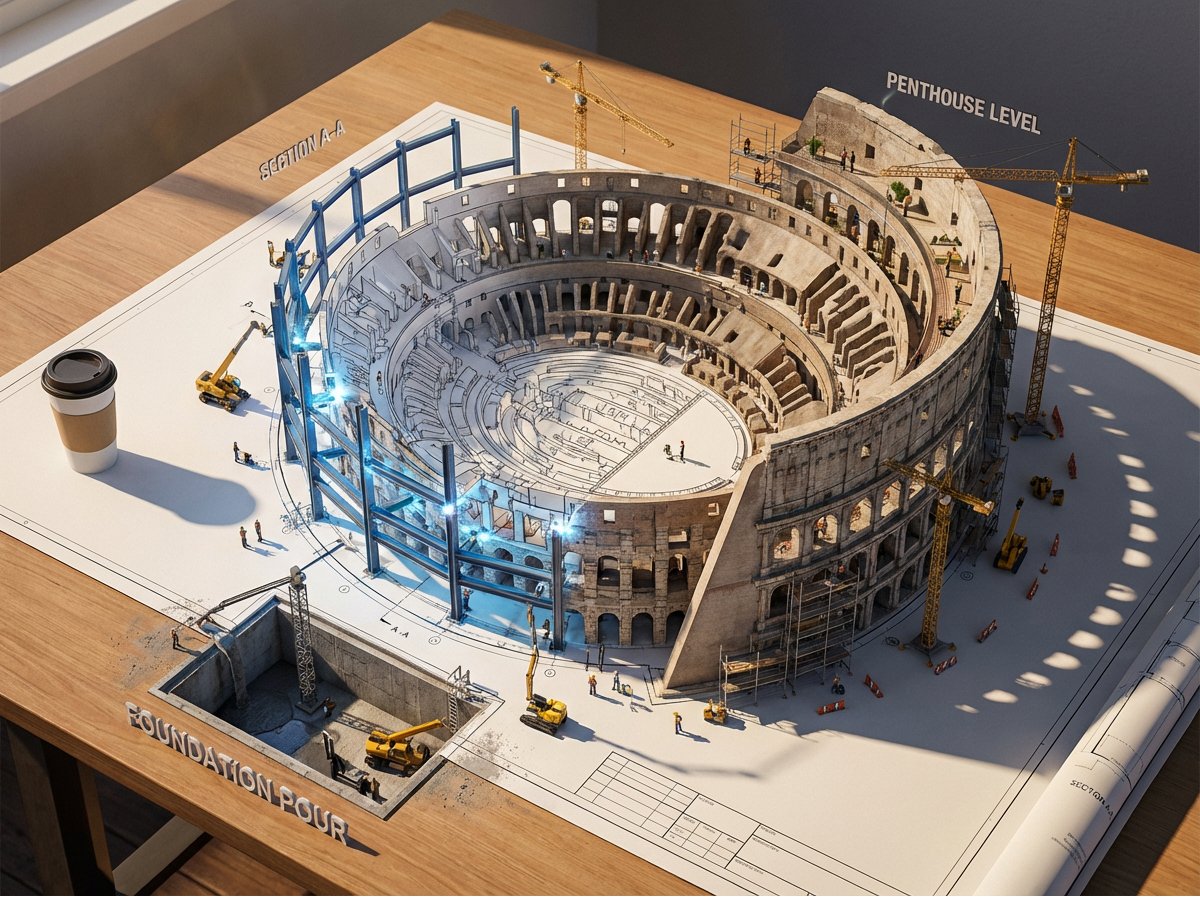 Epic 3D scene: a massive architectural blueprint of [BUILDING...