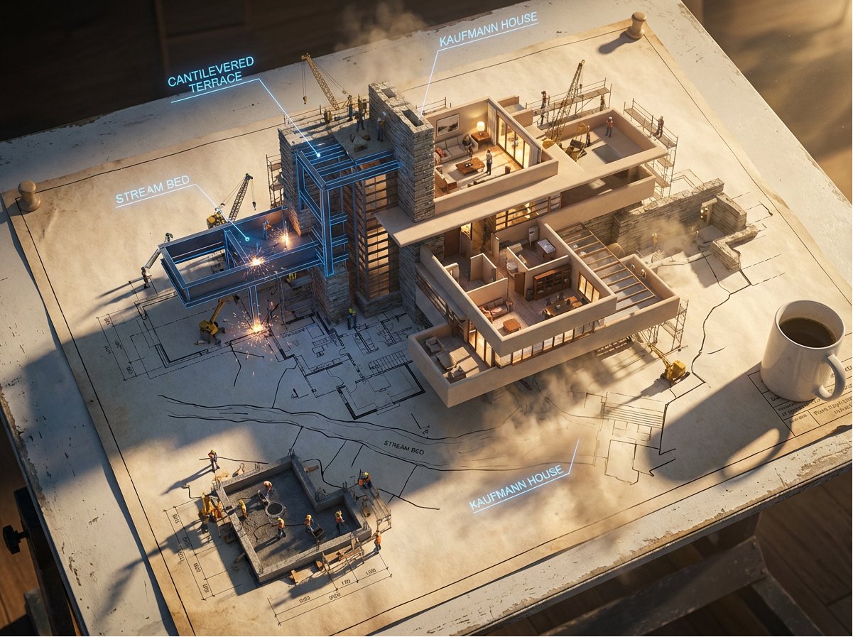 Epic 3D scene: a massive architectural blueprint of [BUILDING...