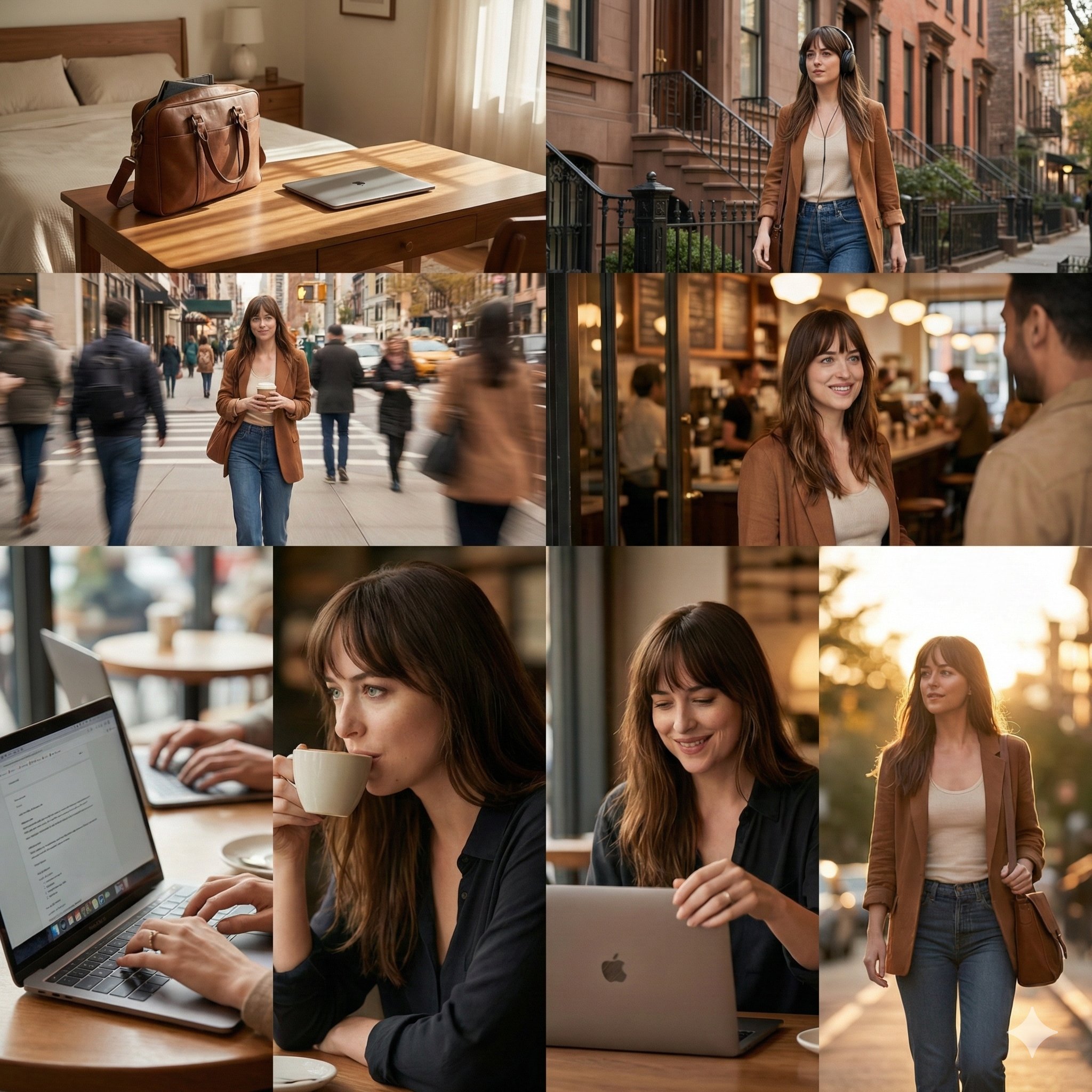 cinematic 8 photo storytelling collage featuring the same gir...