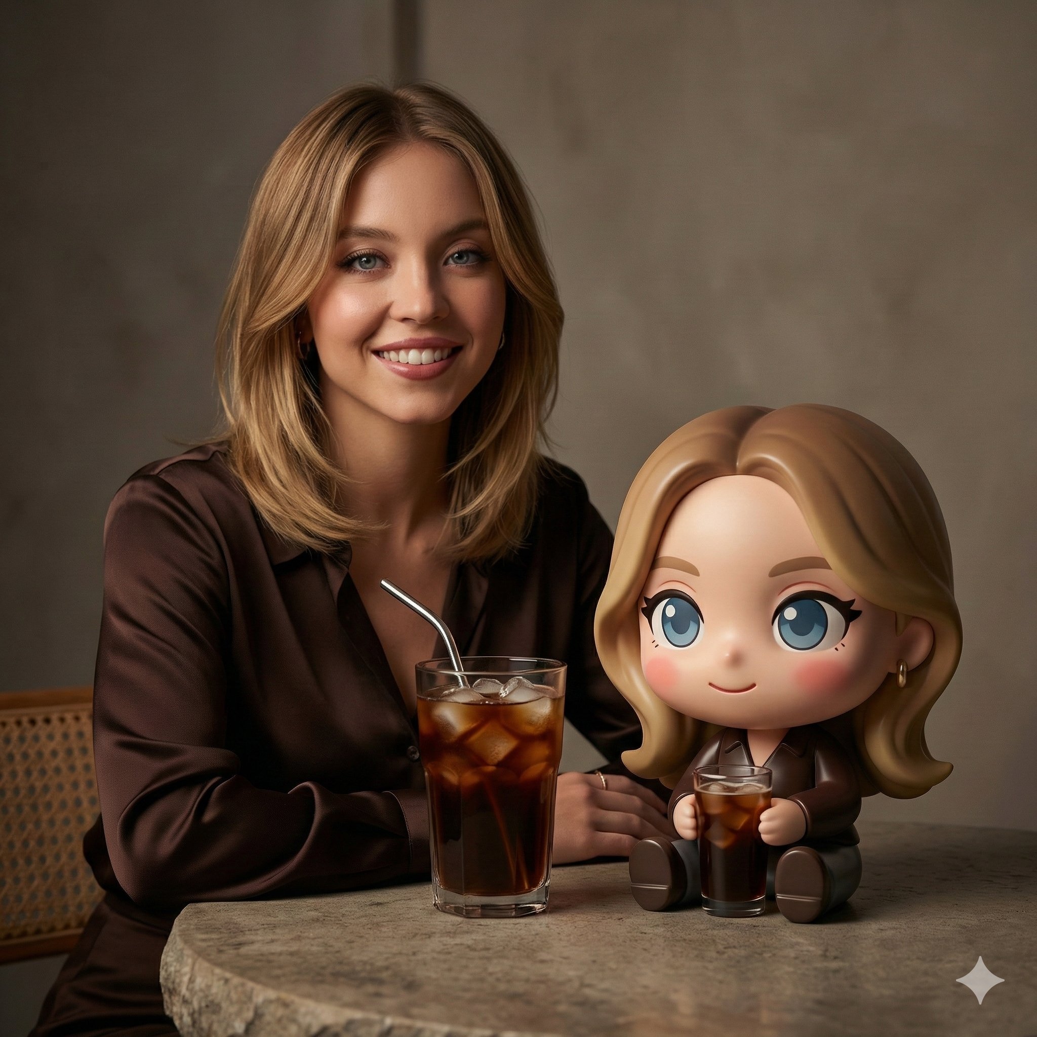 A cinematic studio portrait of a woman seated at a textured s...