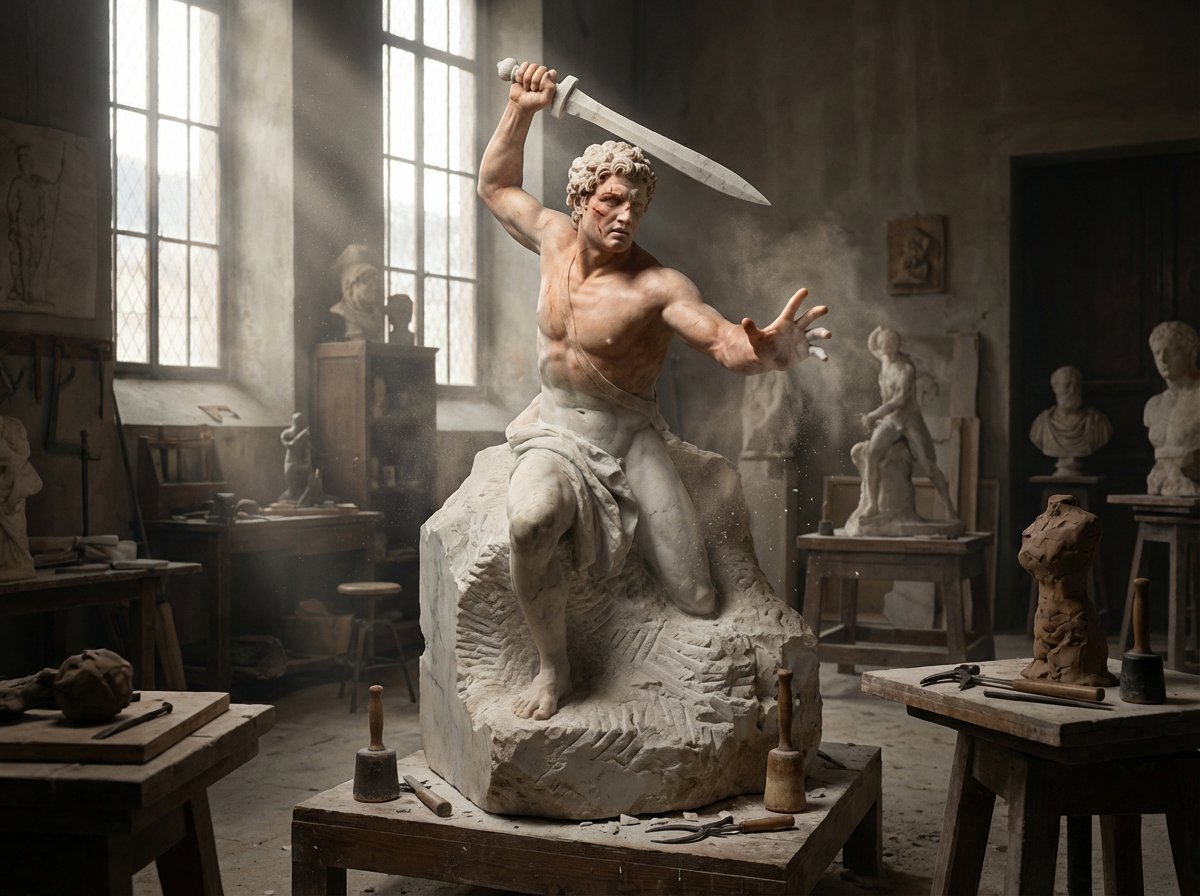 A half finished marble sculpture in a dusty Renaissance works...