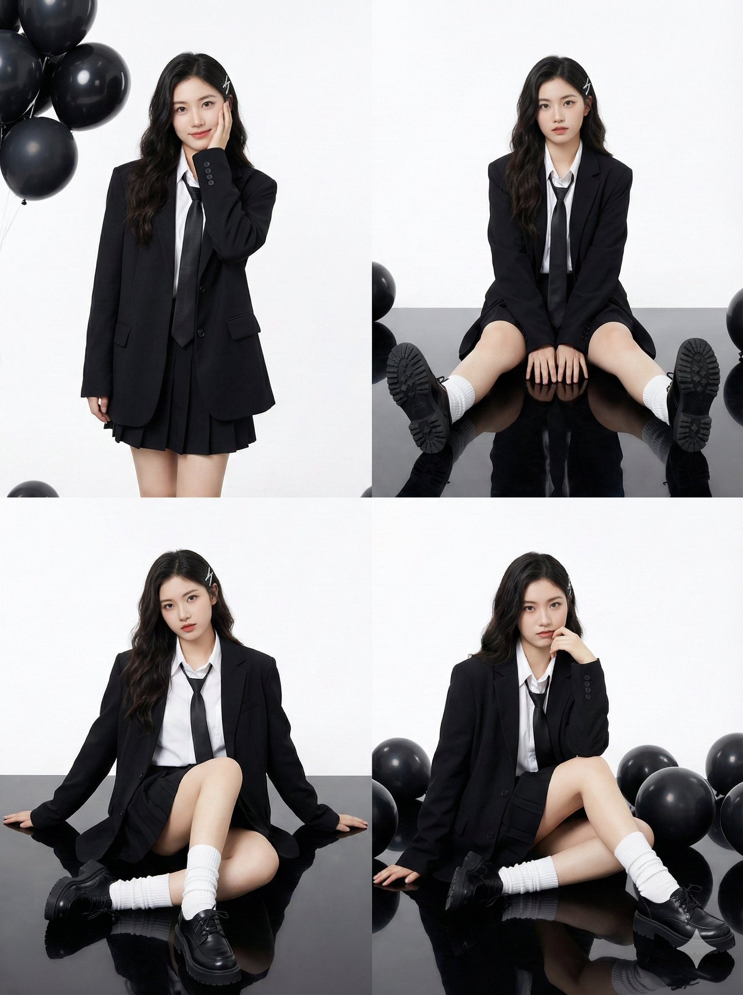 "Young Asian woman, pale porcelain skin, long dark wavy hair...