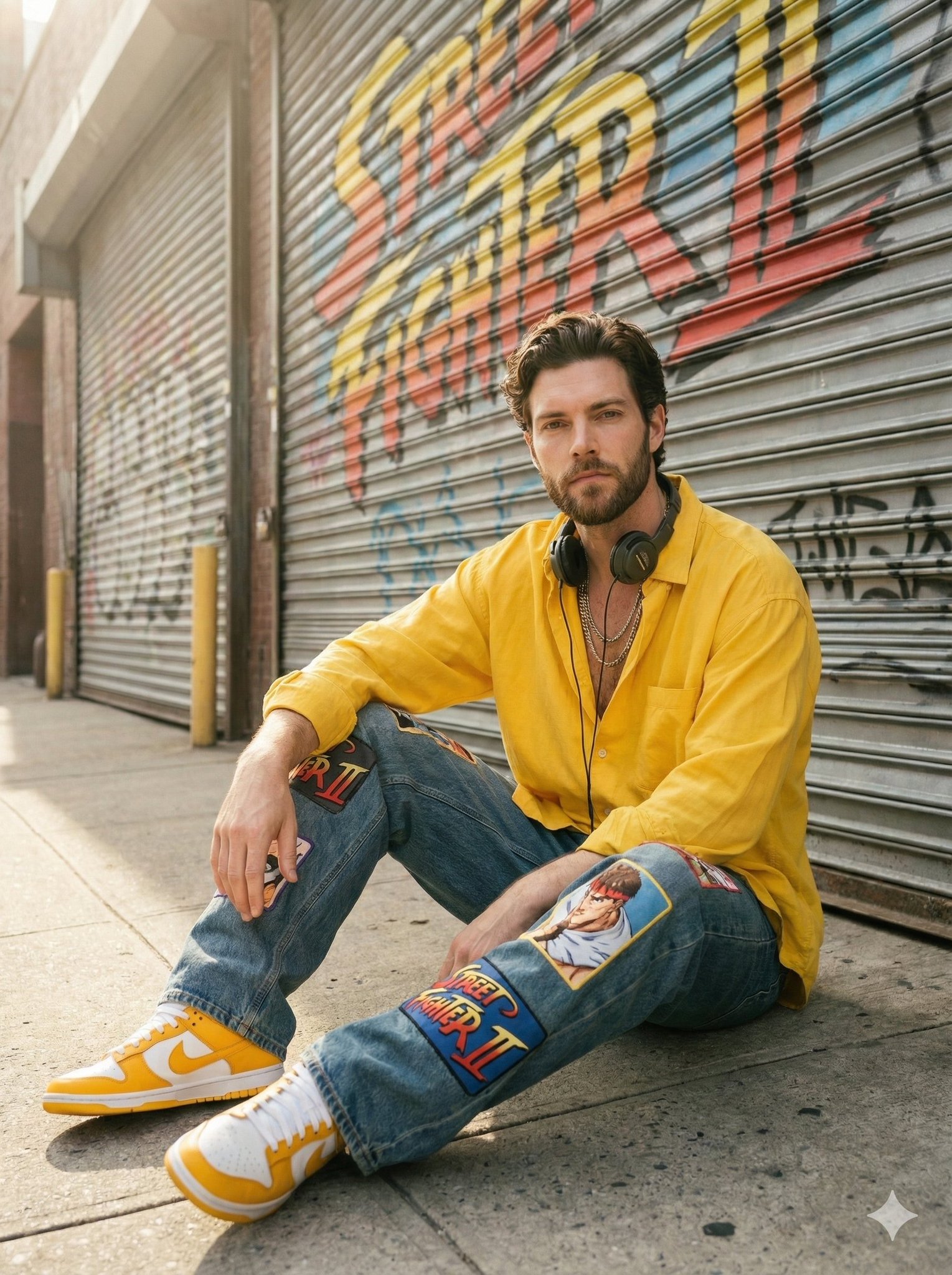 Sunlit urban streetwear portrait of a stylish young man sitti...