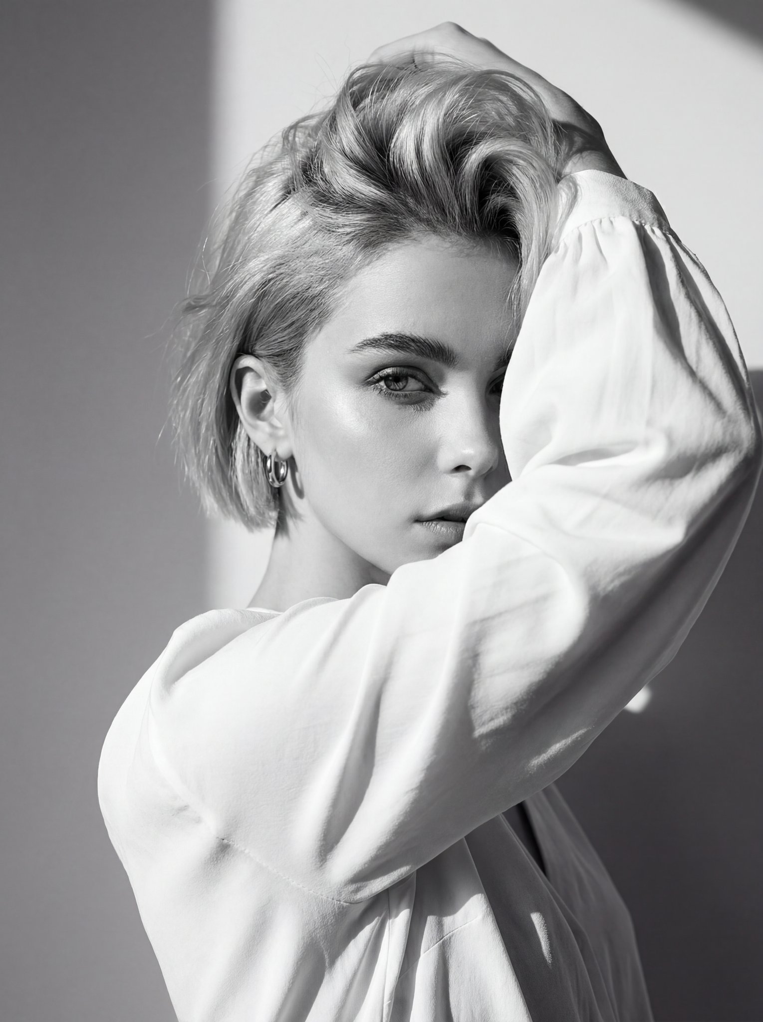 Use the attached image of the model as facial reference and p...