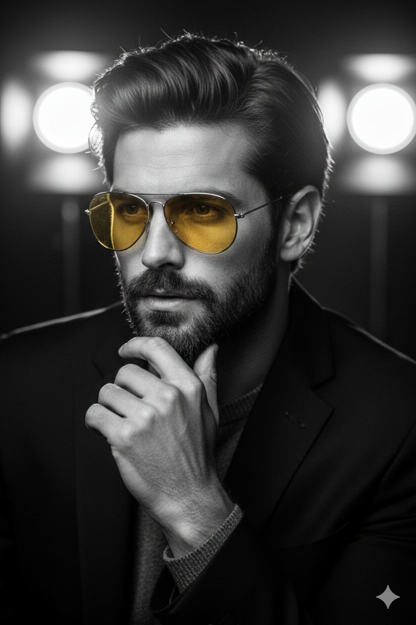 "Objective": "Create a dramatic black and white cinematic por...