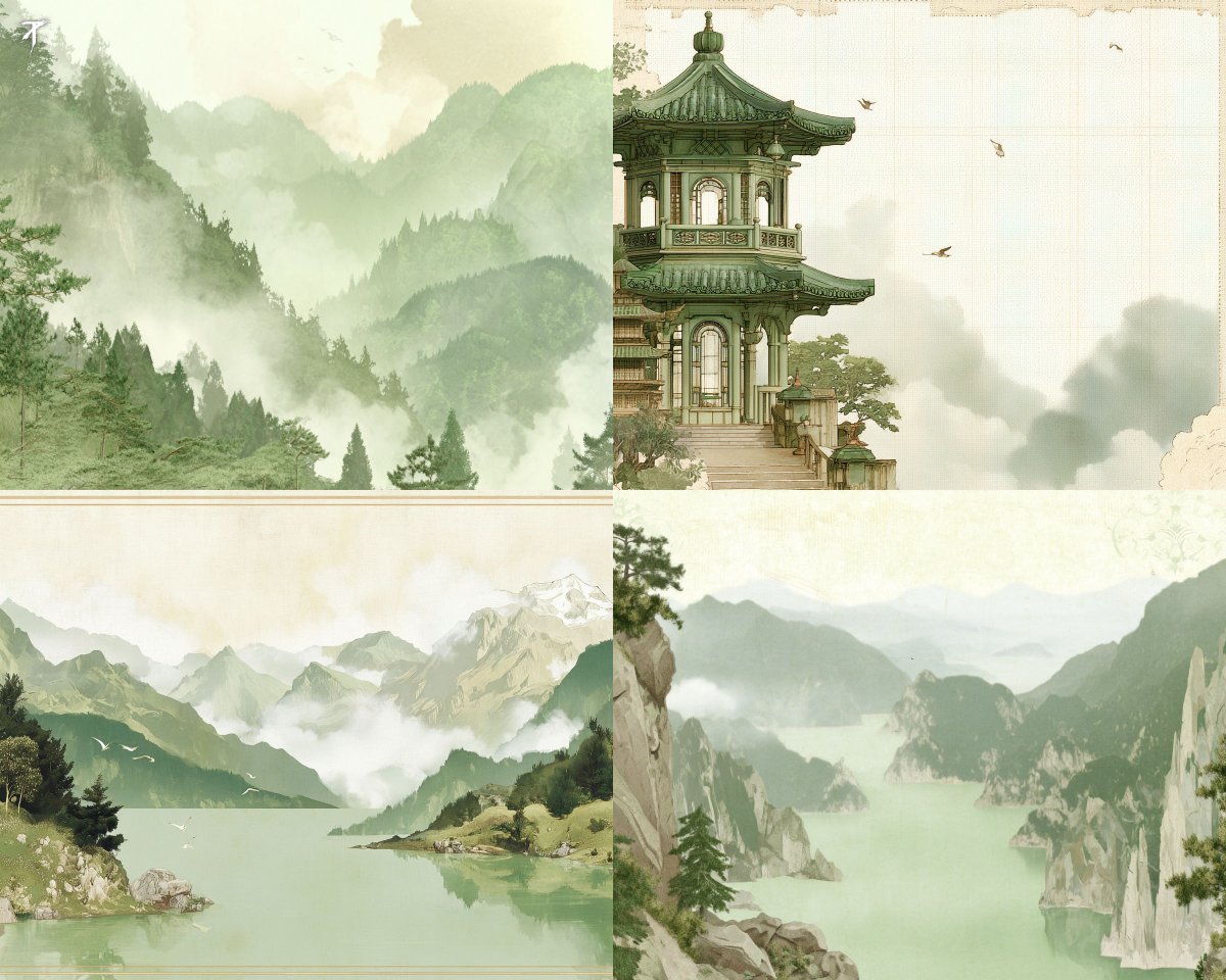 A soft ink wash style with misty mountains, calm lakes, and d...