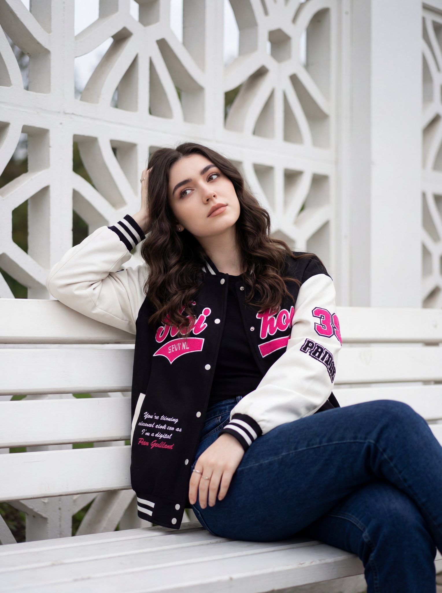 A young woman is sitting casually on a white wooden bench, po...