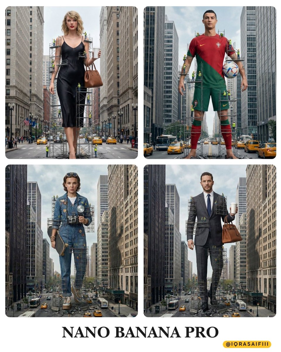 "description": "A colossal woman standing in a city street, a...