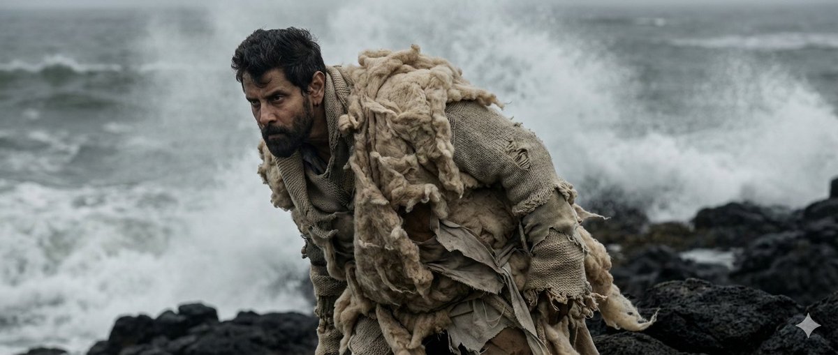 Wide shot, subject acts as an anchor against a raging wind. S...